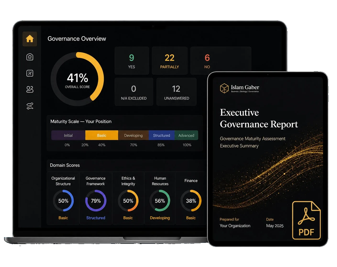 Corporate Governance Diagnostic System dashboard and executive report